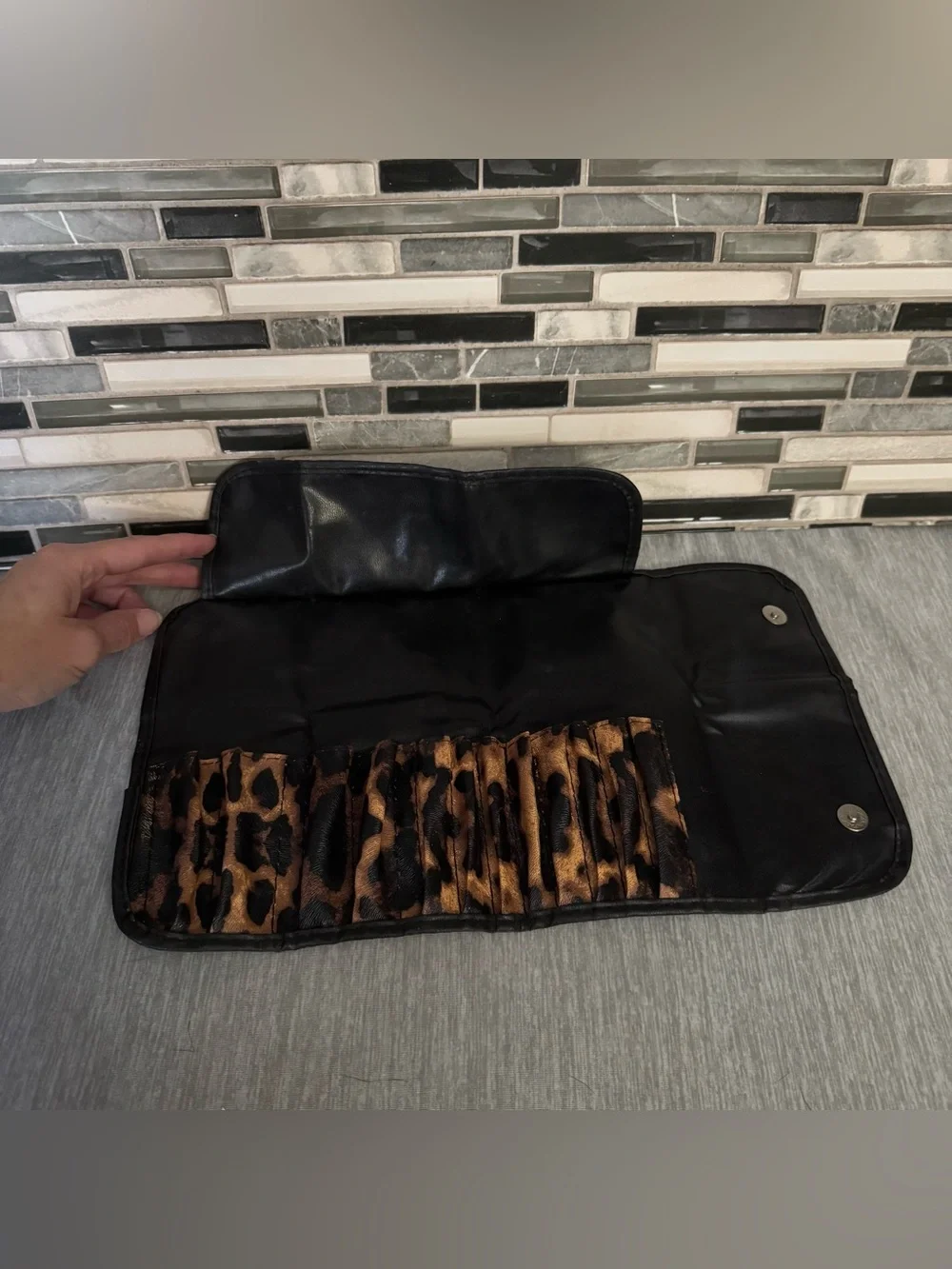 Leopard Print Travel Roll-Up Makeup Brush Organizer Case